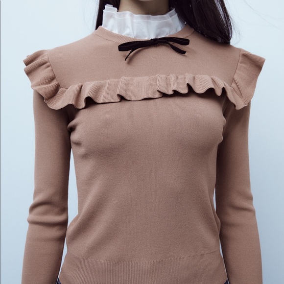 ZARA BEIGE CONTRAST KNIT BOW SWEATER - Picture 2 of 4